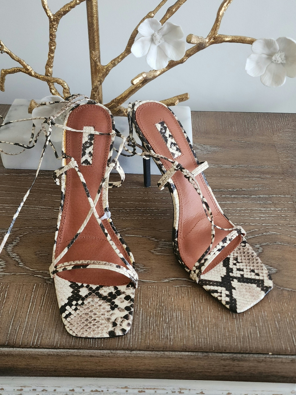 Topshop Snake-Print Lace-Up Heeled Sandals in Beige and Black